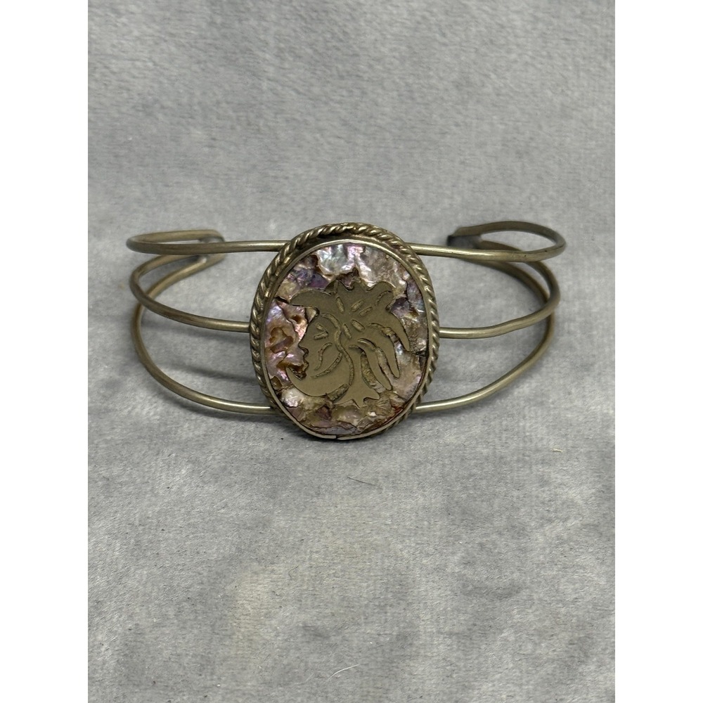 Abalone Inlay Cuff Bracelet Oval Medallion Triple‎ Band Boho Silver Tone Brass